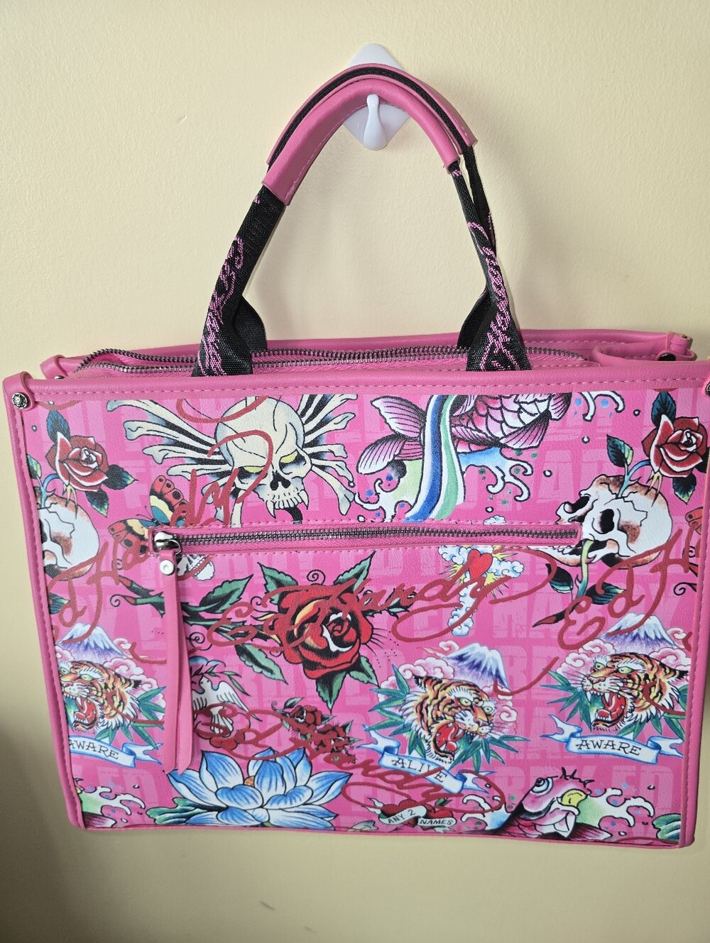 NWOT Ed Hardy Pink Tattoo Print Satchel Tote Bag - Picture 3 of 11